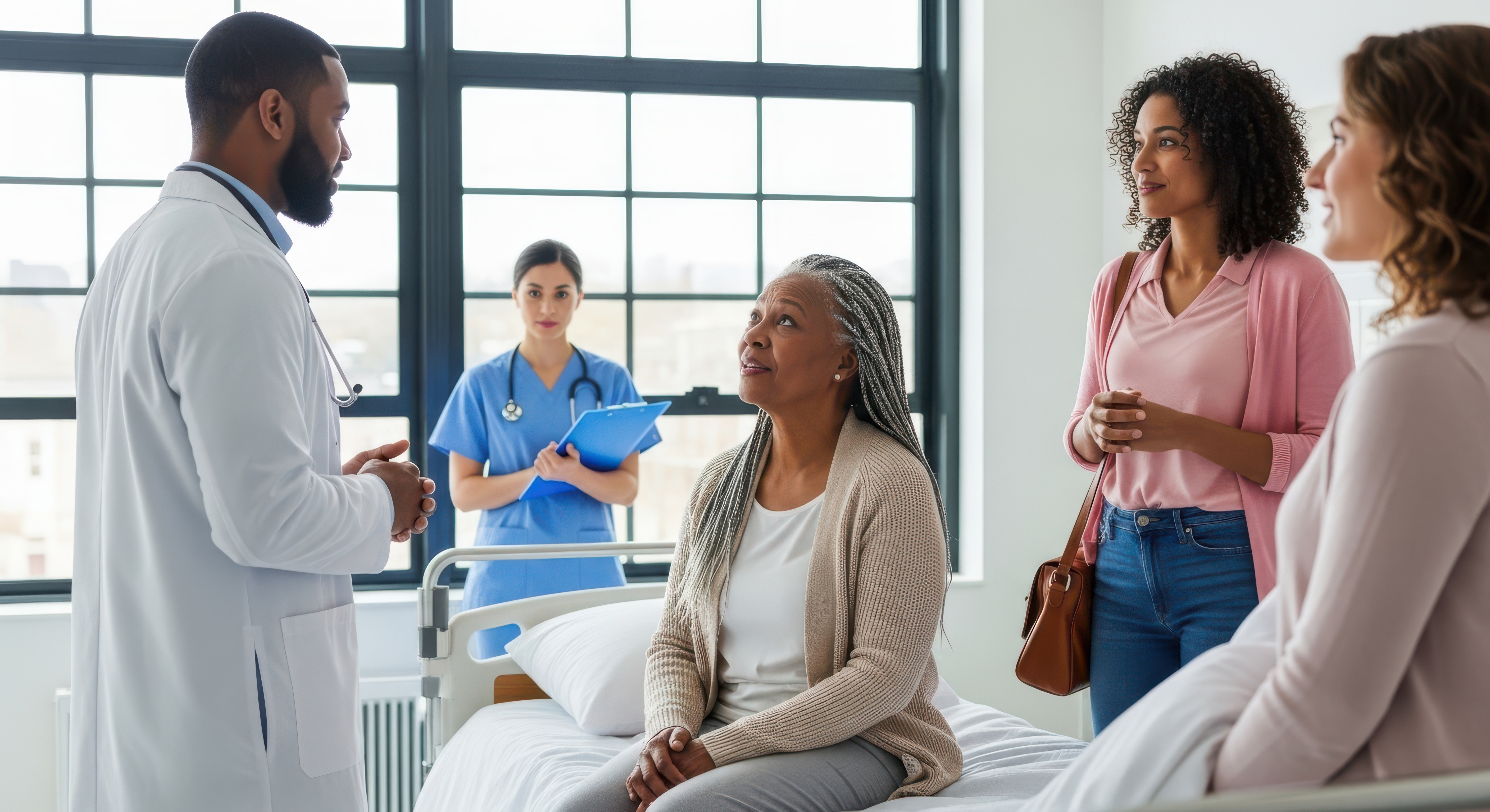 Nurse advocating for a patient in a hospital room with family present